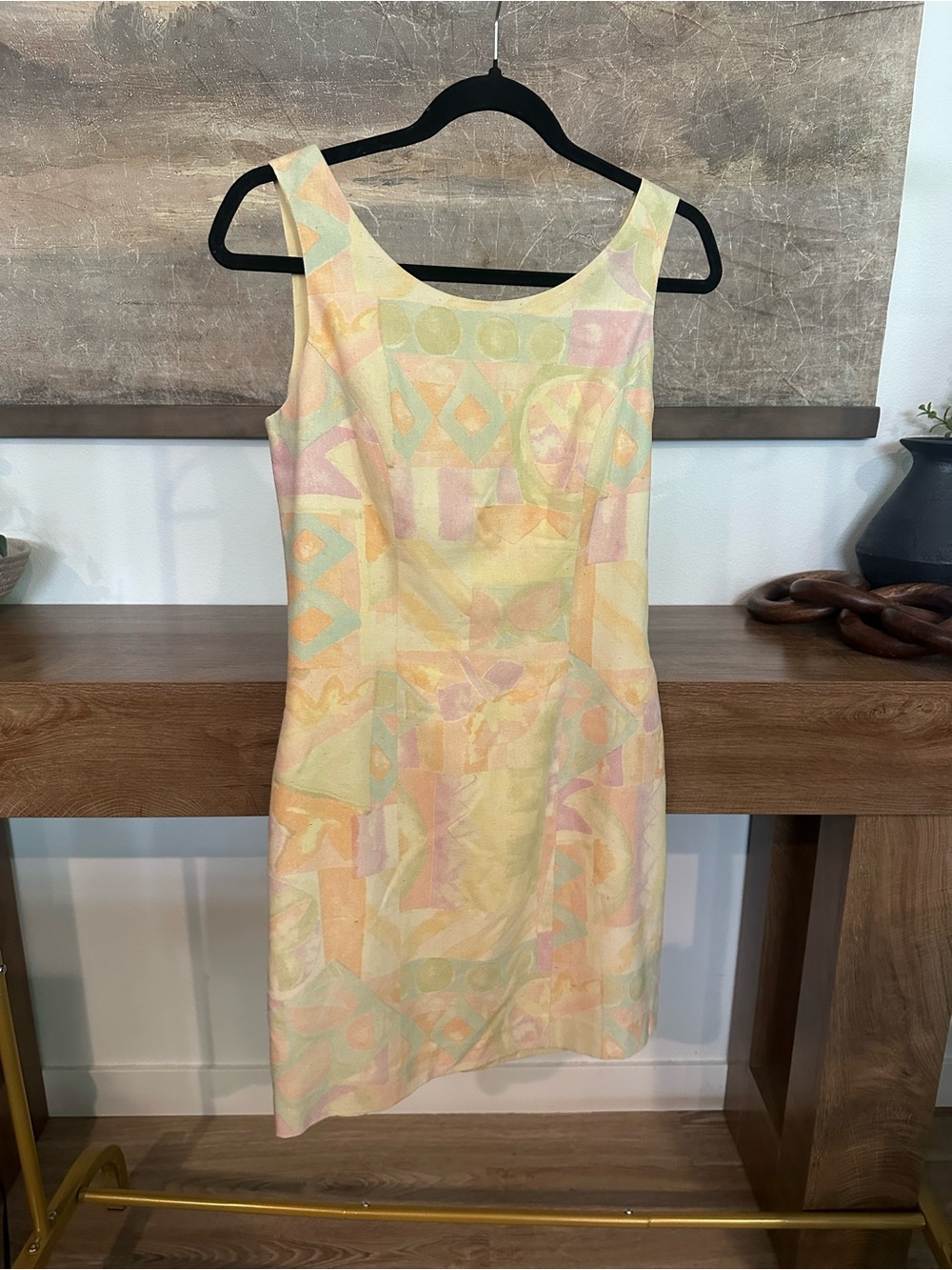 Vintage 90s silk dress with abstract geometric pattern in pastel shades. Size XS